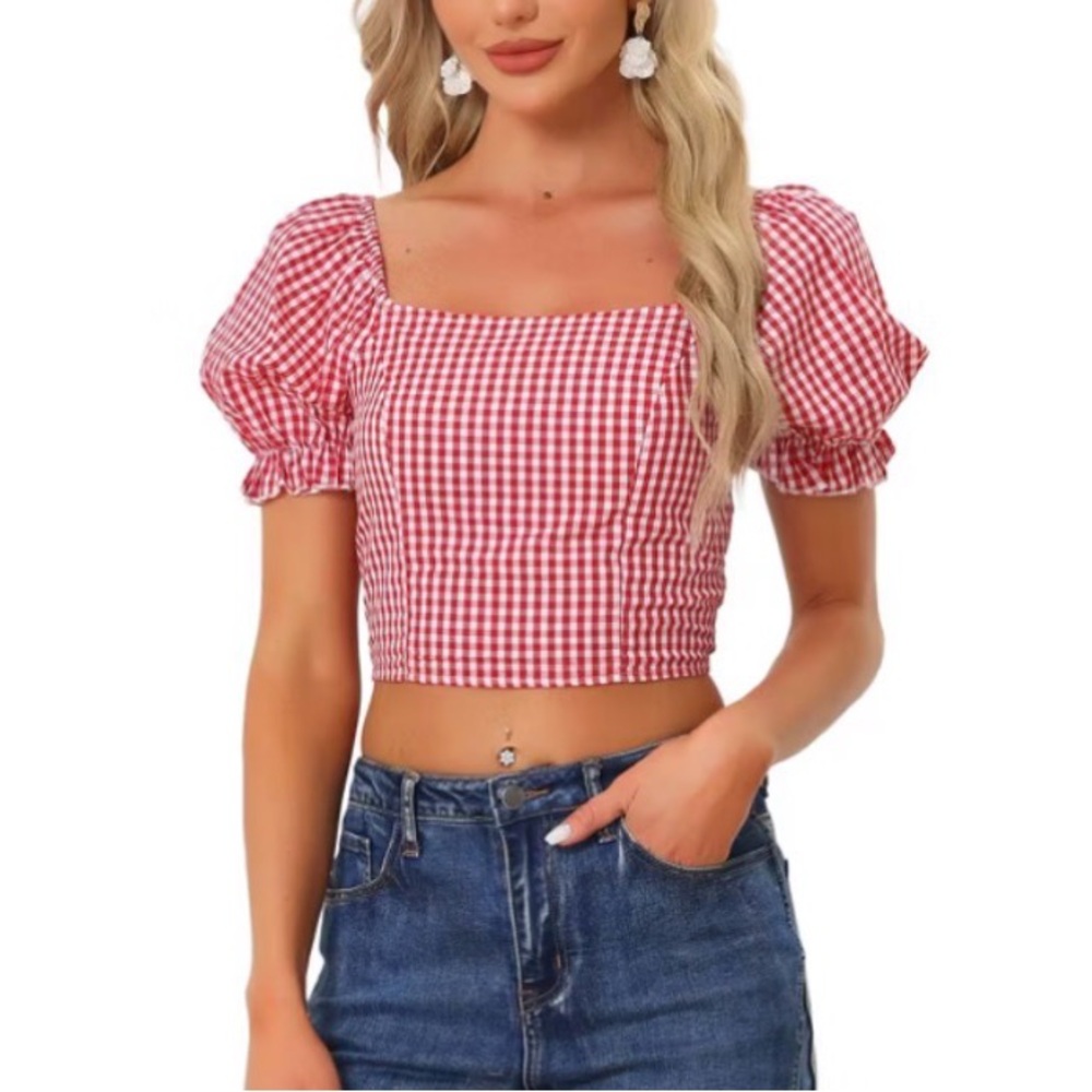 Smocked Square Neckline Bubble Sleeve Peasant Gingham Plaid Crop Tops, Size M